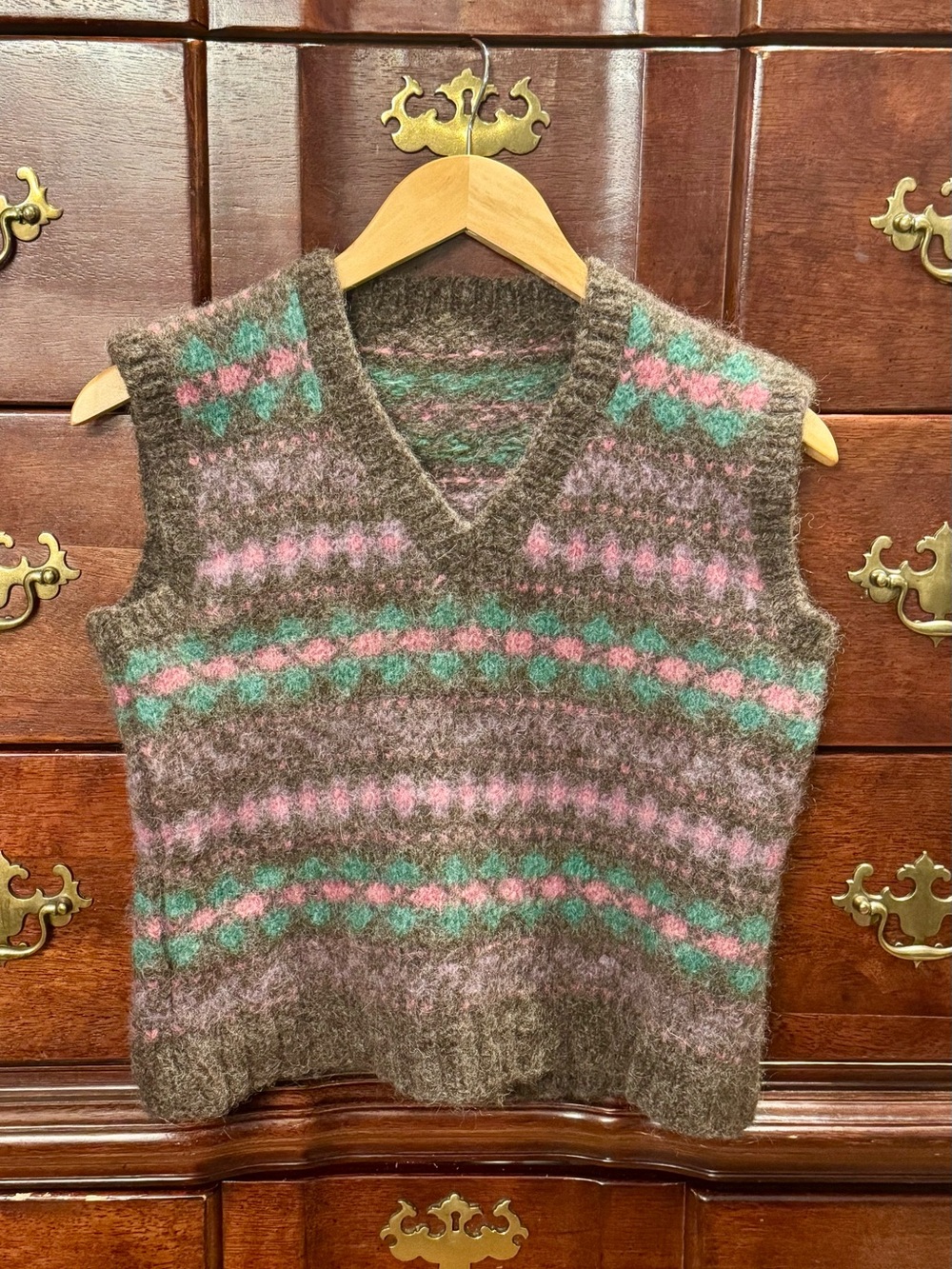 Vintage Fair Isle Mohair Brushed Wool Knit Sweater Vest Pink, Green, Brown